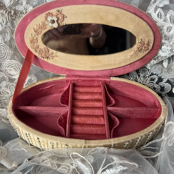 Vintage Embroidered Floral Jewelry Box with Beaded Trim and Mirror - Picture 3 of 13